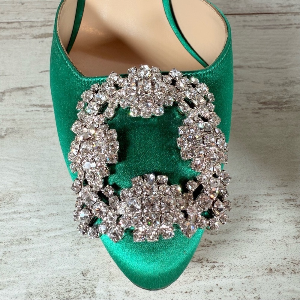 Manolo Blahnik Size 36 Green Hangisi Hangisimu Heeled Mules Satin 70MM NEW - Picture 9 of 16